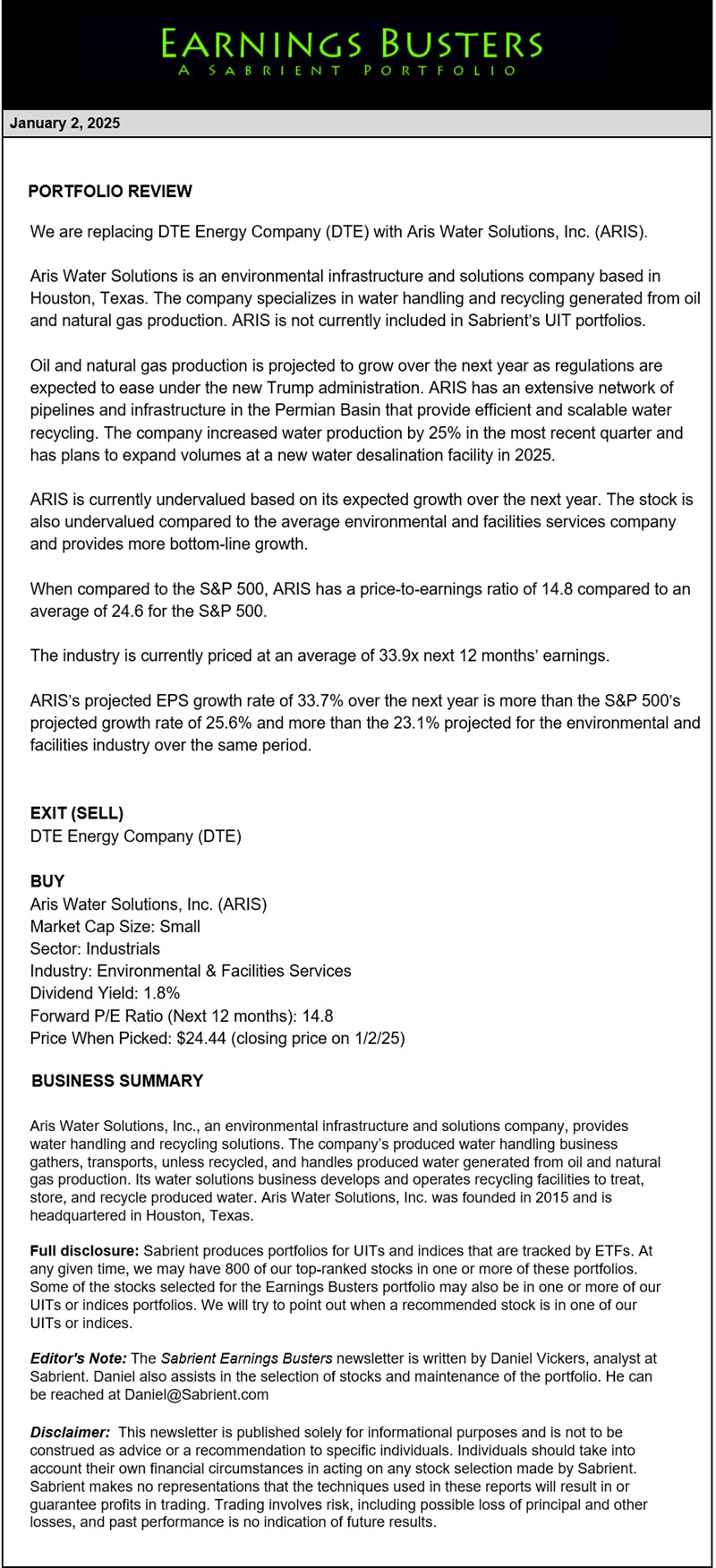 Earnings Busters Newsletter - January 2, 2025