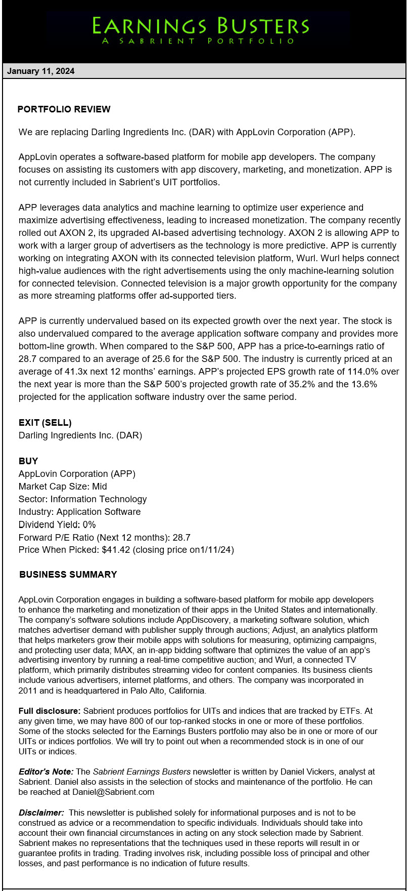 Earnings Busters Newsletter - January 11, 2024