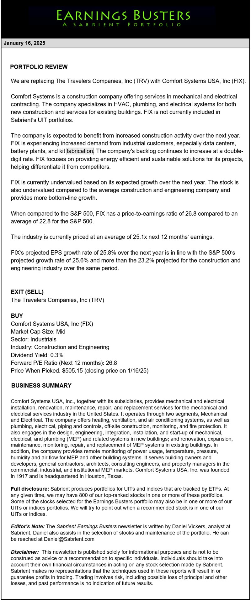 Earnings Busters Newsletter - January 16, 2025