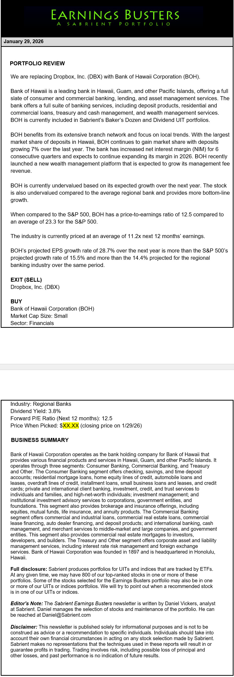 Earnings Busters Newsletter -
January 29, 2026