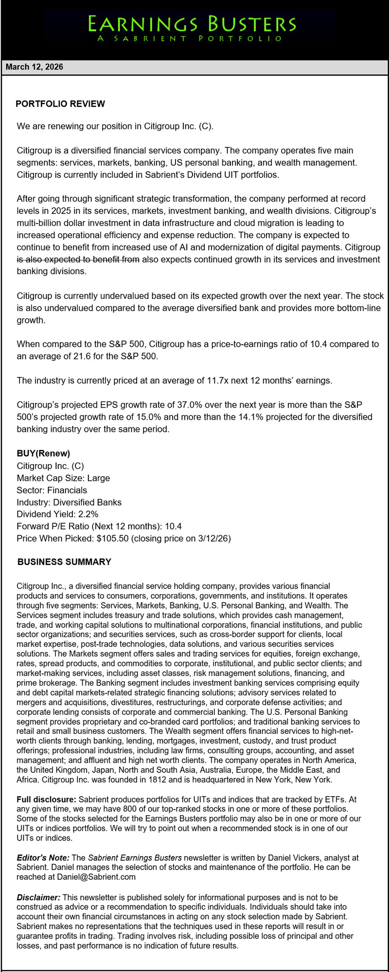 Earnings Busters Newsletter -
March 12, 2026