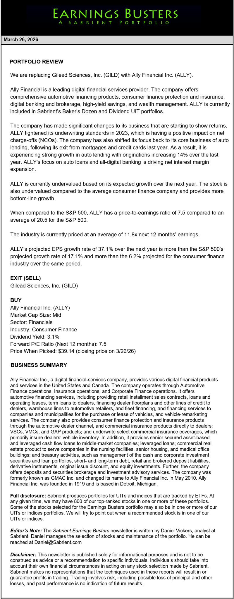 Earnings Busters Newsletter -
March 26, 2026