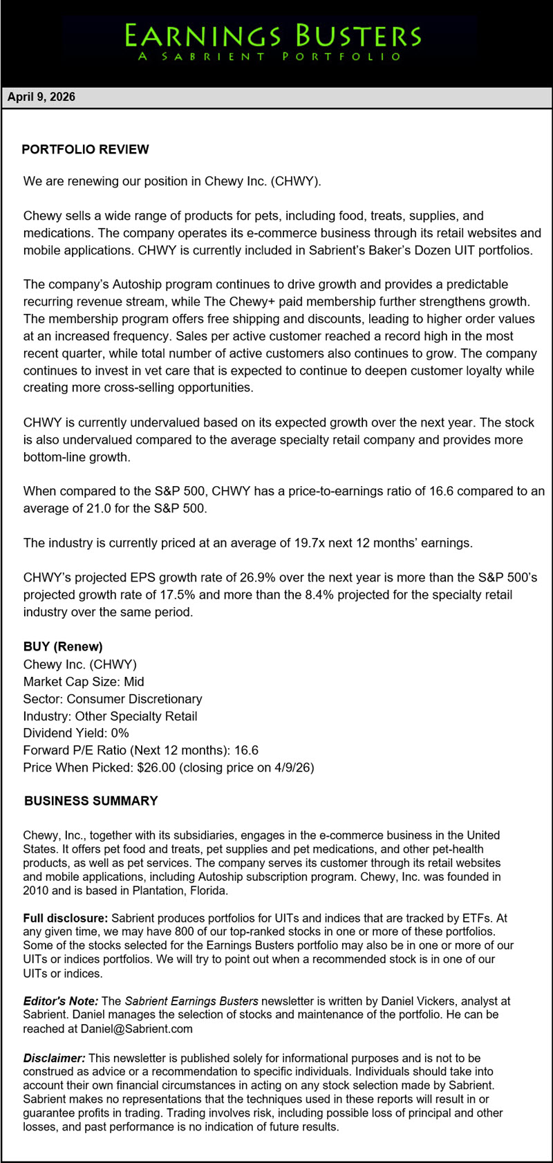 Earnings Busters Newsletter -
April 9, 2026