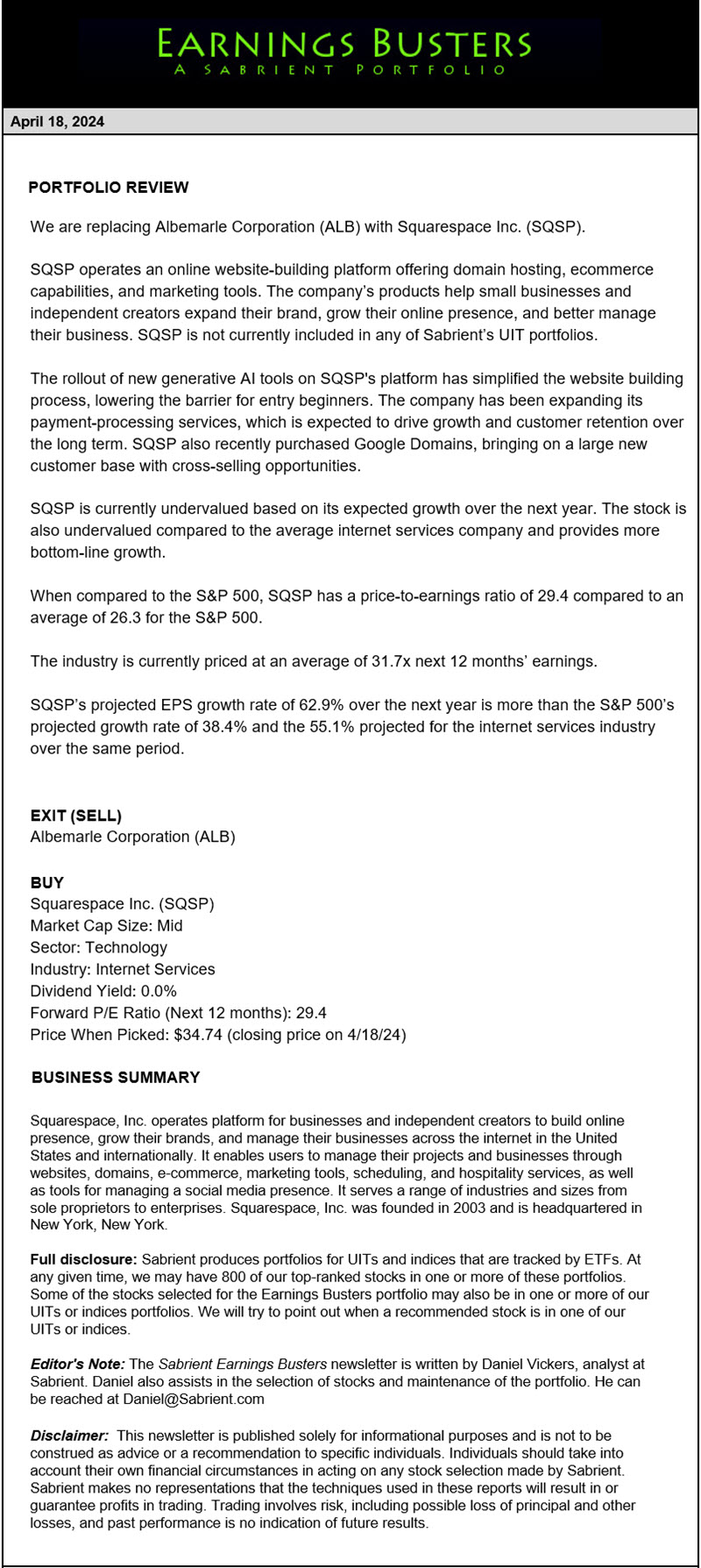 Earnings Busters Newsletter - April 18, 2024