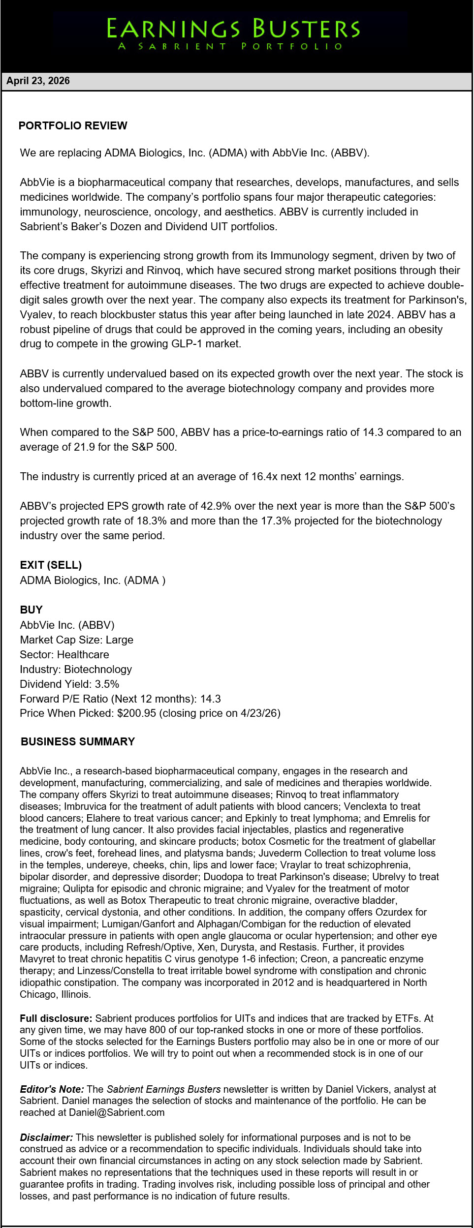 Earnings Busters Newsletter -
April 23, 2026