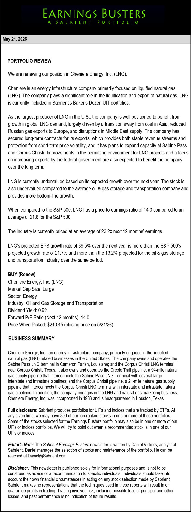 Earnings Busters Newsletter -
May 21, 2026