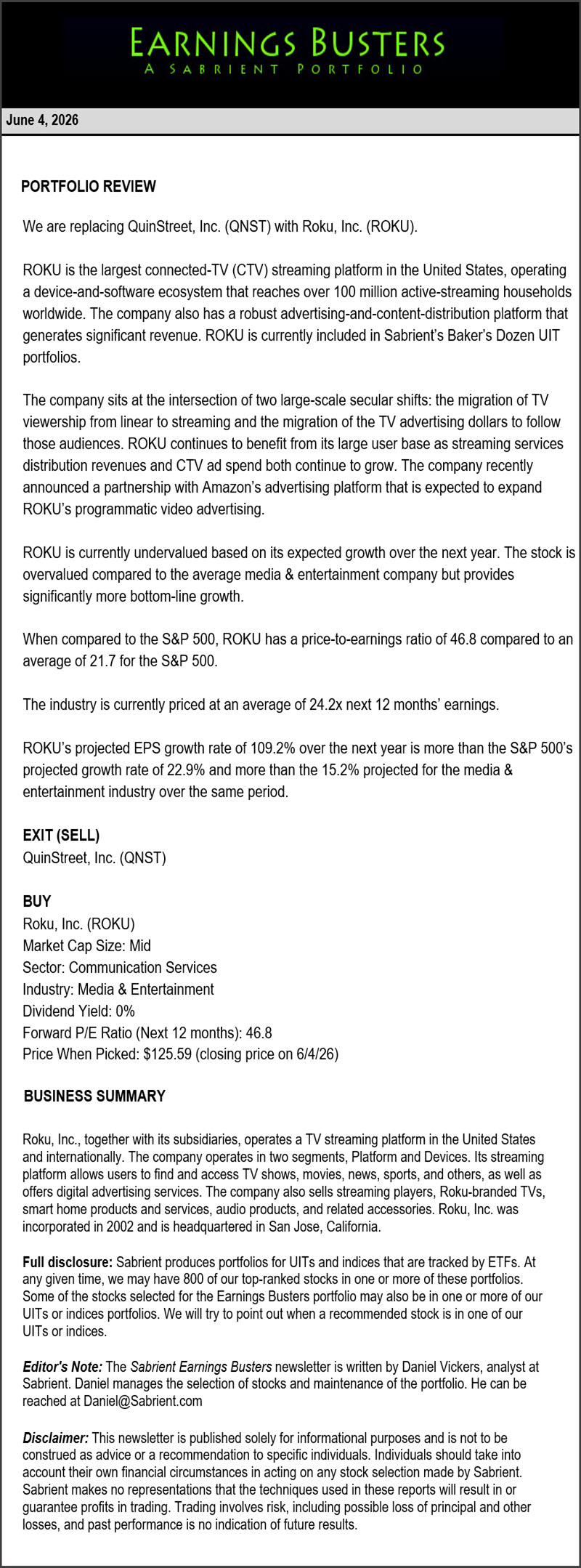 Earnings Busters Newsletter -
June 4, 2026