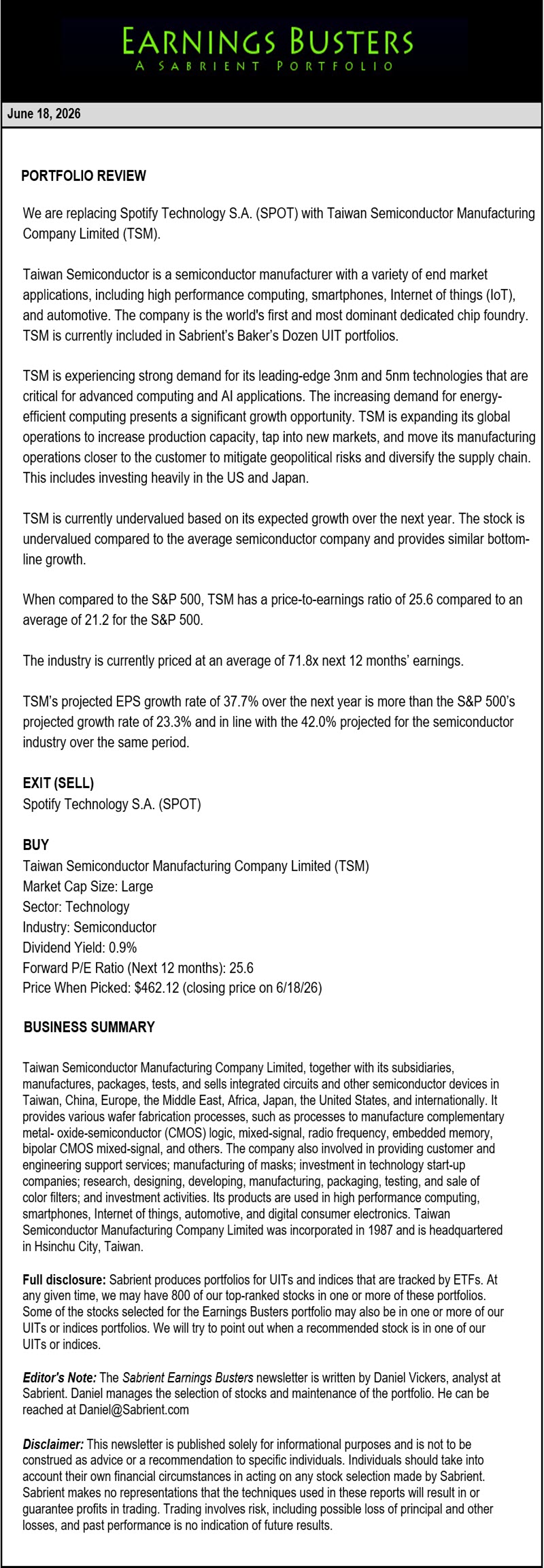 Earnings Busters Newsletter -
June 18, 2026