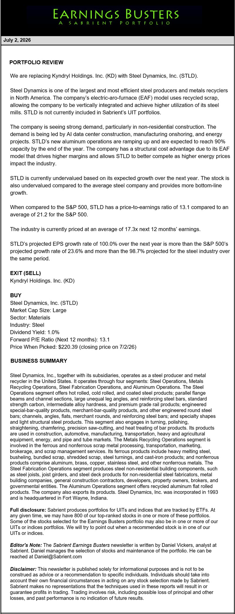 Earnings Busters Newsletter -
July 2, 2026