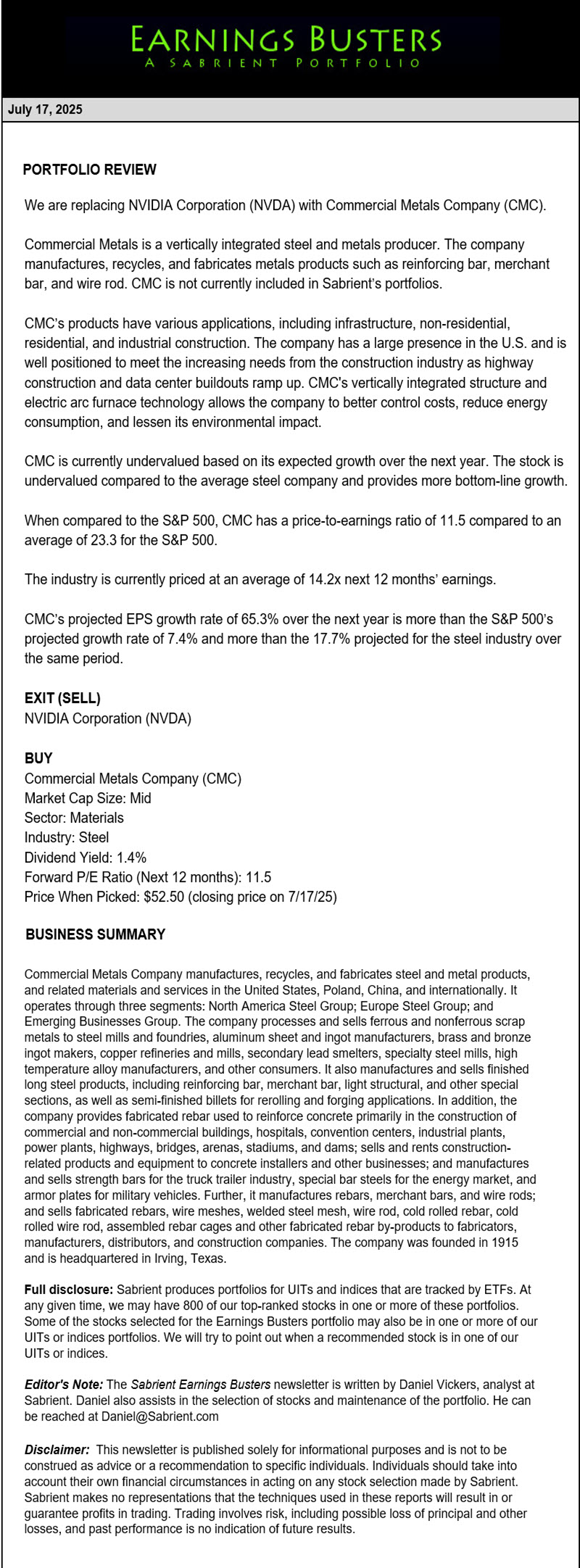 Earnings Busters Newsletter - July 17, 2025