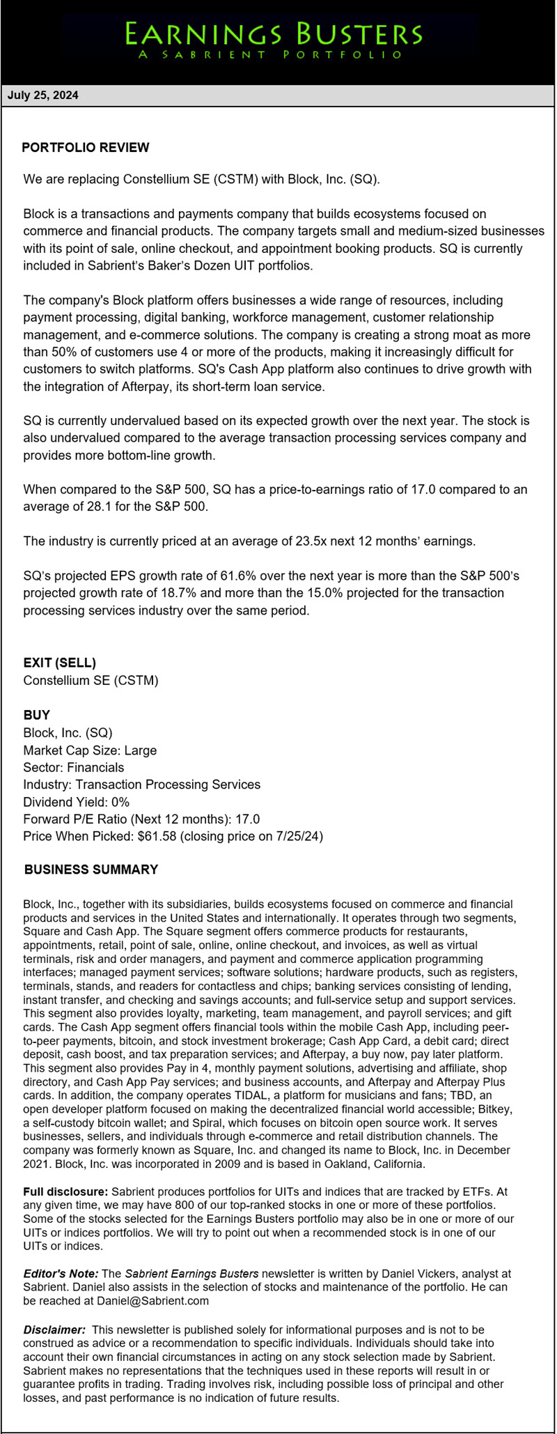 Earnings Busters Newsletter - July 25, 2024