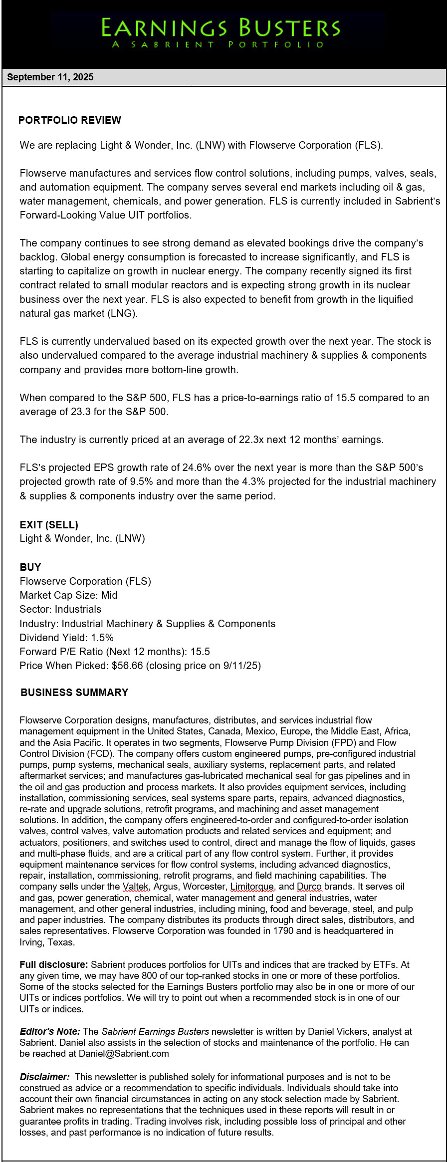 Earnings Busters Newsletter -
September 11, 2025