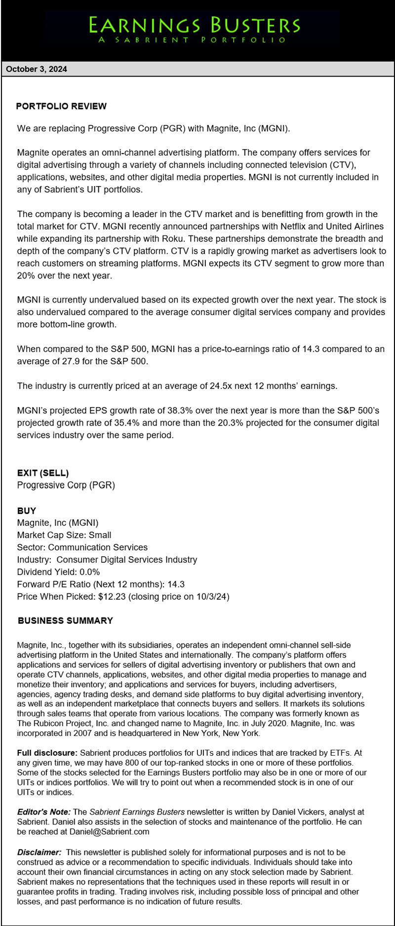 Earnings Busters Newsletter - October 3, 2024