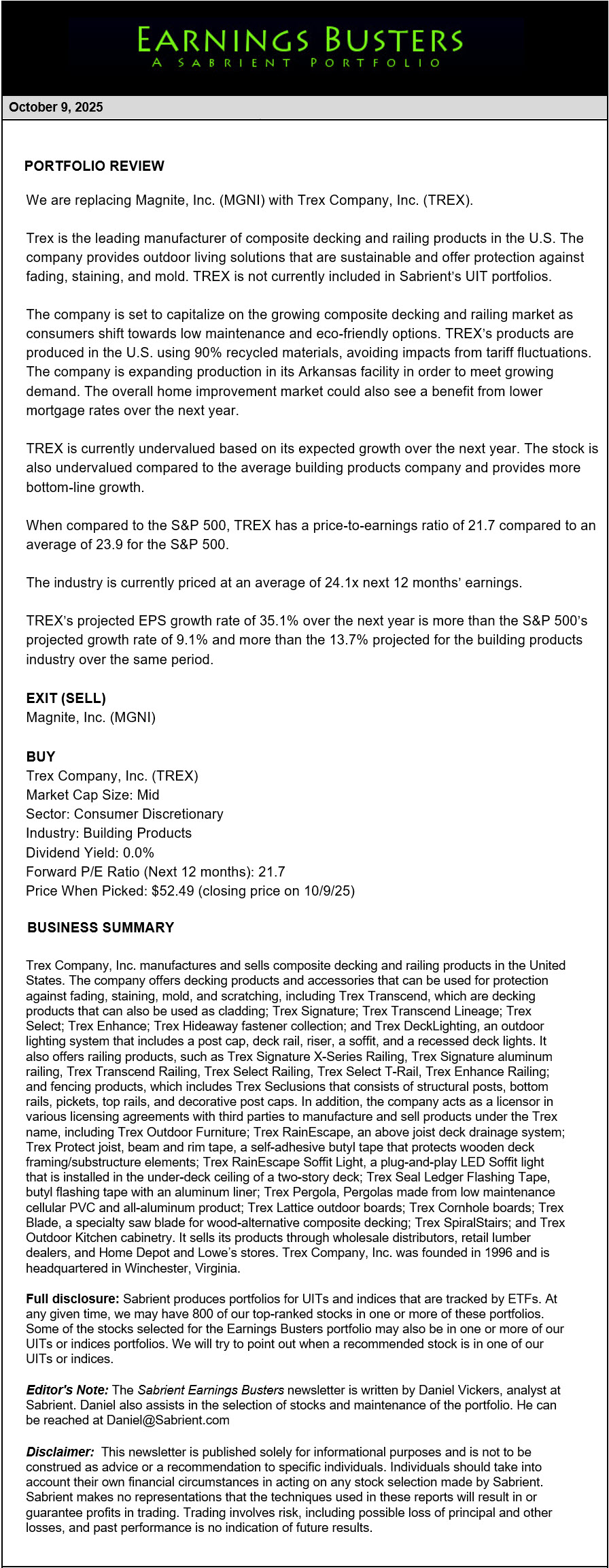 Earnings Busters Newsletter -
October 9, 2025