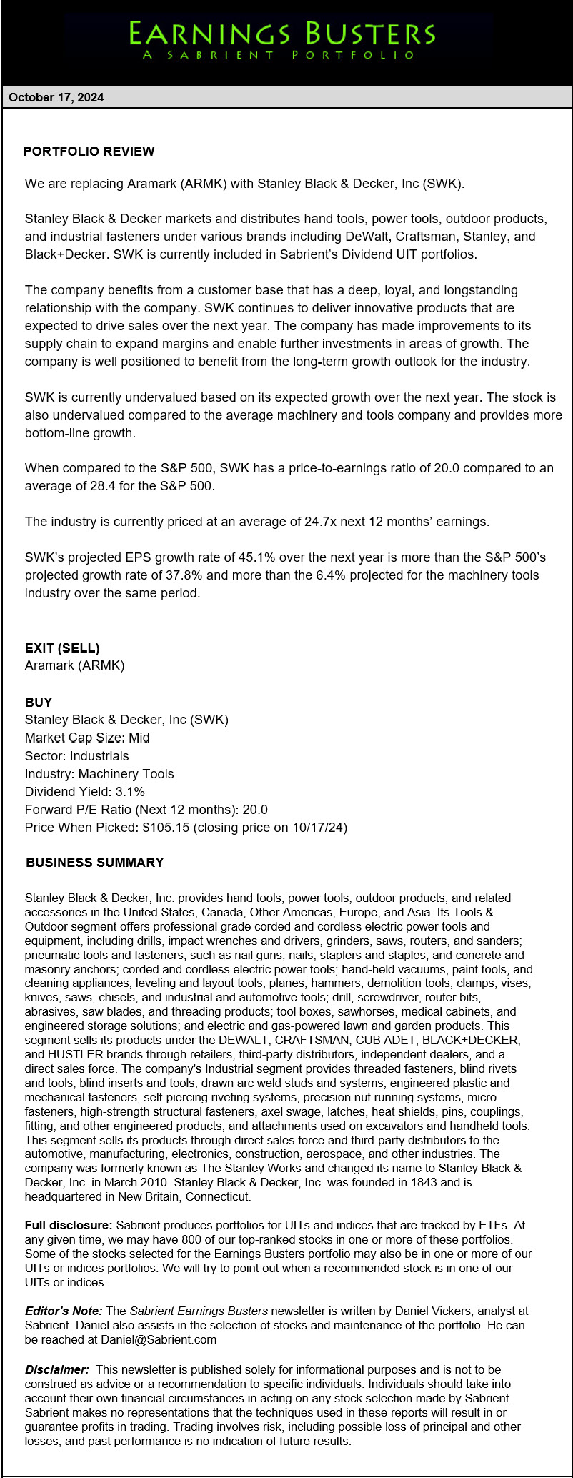 Earnings Busters Newsletter - October 17, 2024