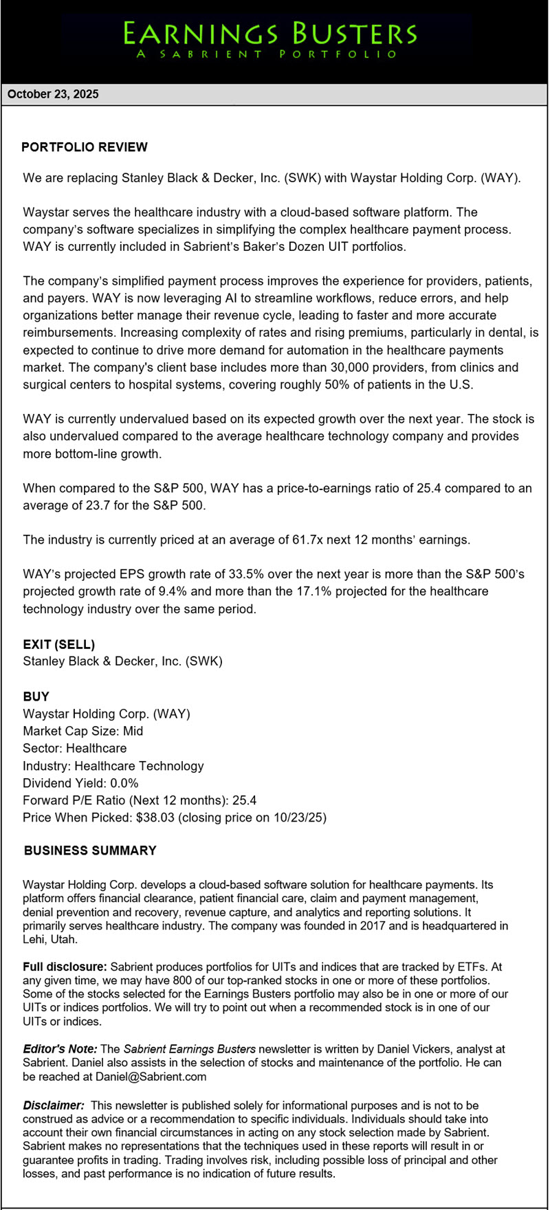 Earnings Busters Newsletter -
October 23, 2025