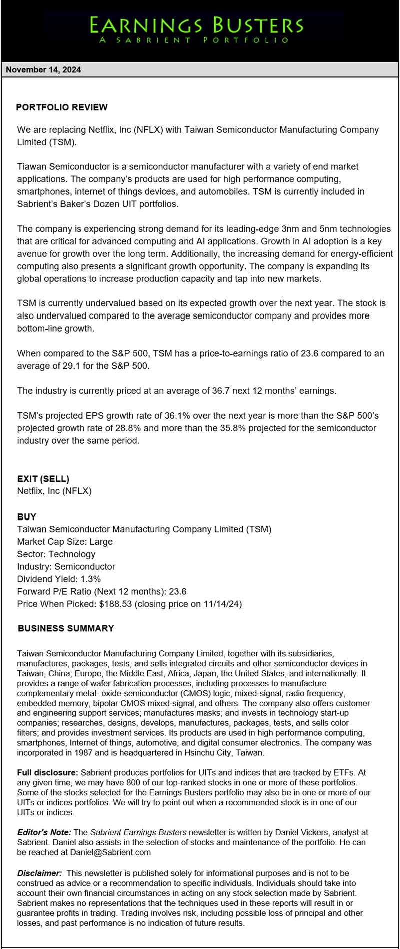 Earnings Busters Newsletter - November 14, 2024