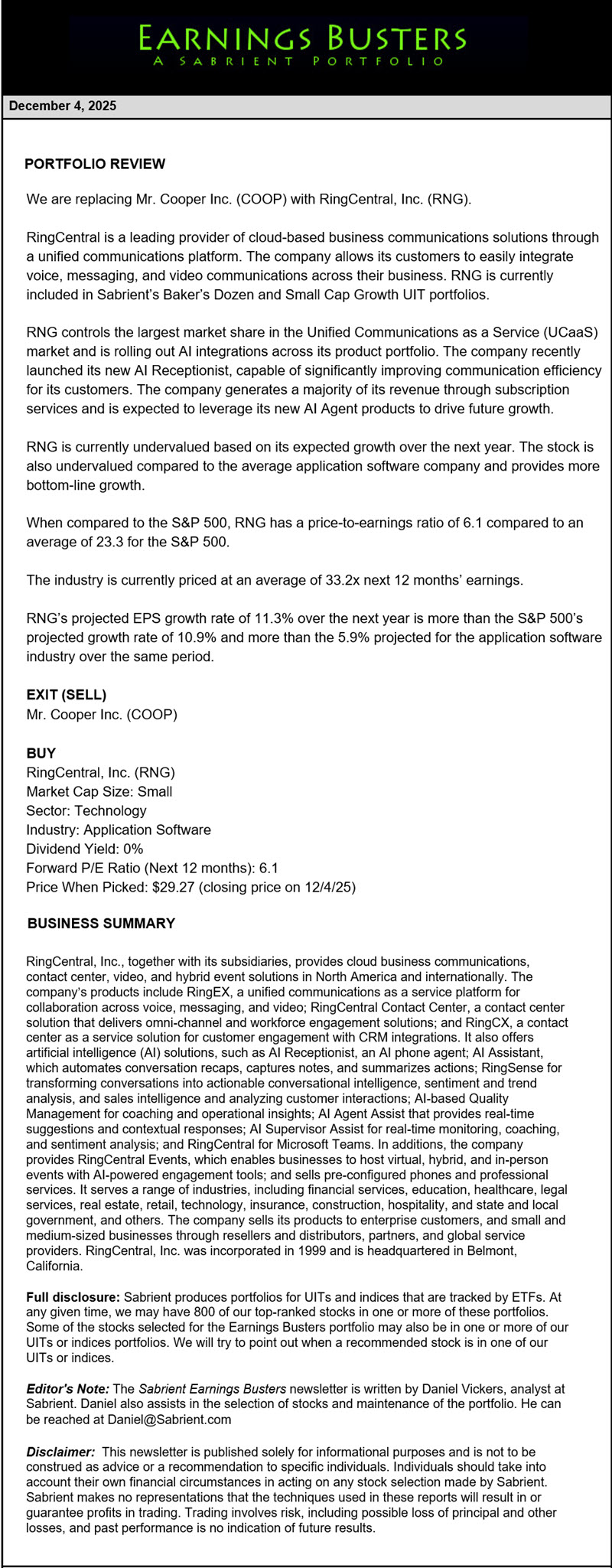 Earnings Busters Newsletter -
December 4, 2025