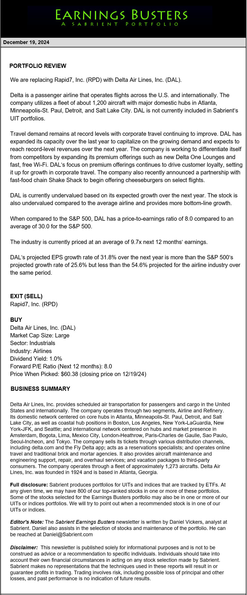 Earnings Busters Newsletter - December 19, 2024