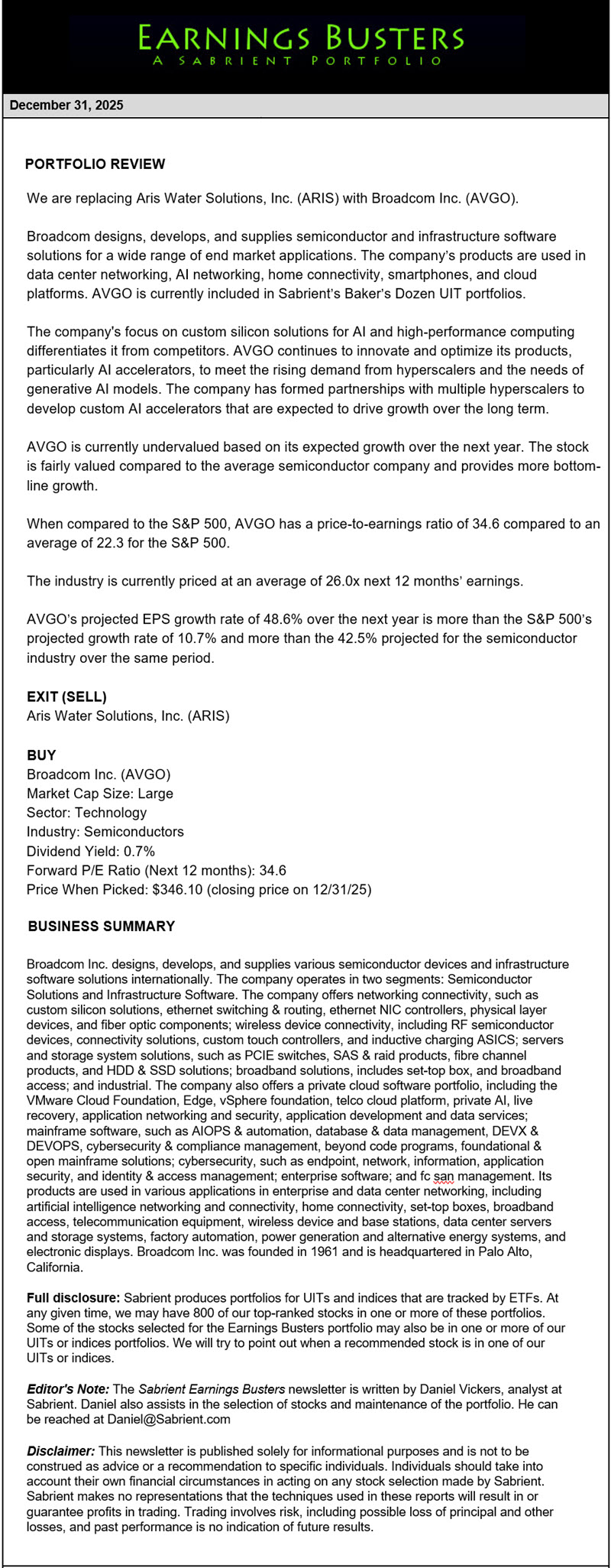 Earnings Busters Newsletter -
December 31, 2025